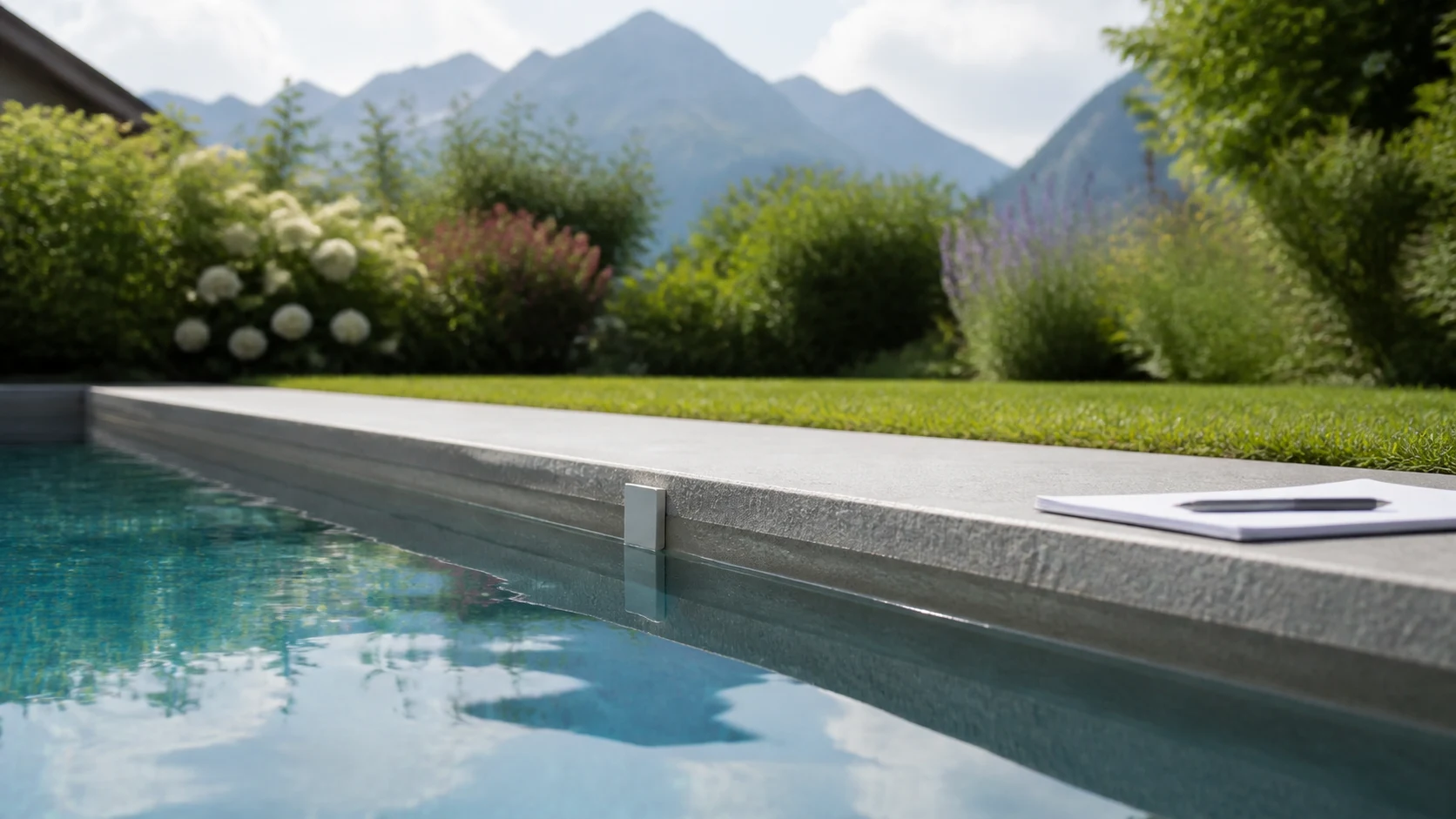 Markierte Wasserlinie und Notizblock bei einem gepflegten Pool