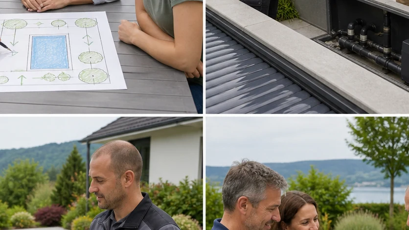Eine Familie markiert Nutzung, Wege und Zugänge rund um einen Pool auf einem Gartenplan