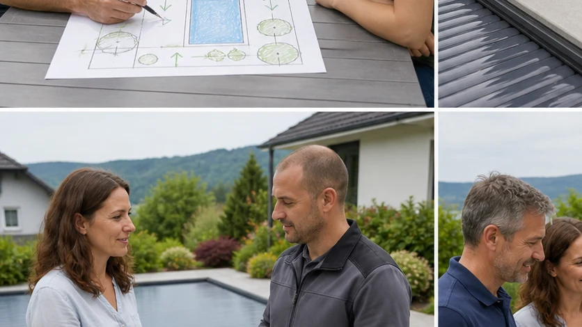 Eine Eigentümerin übergibt einem Poolfachmann Fotos und Beckenunterlagen für ein Abdeckungsprojekt