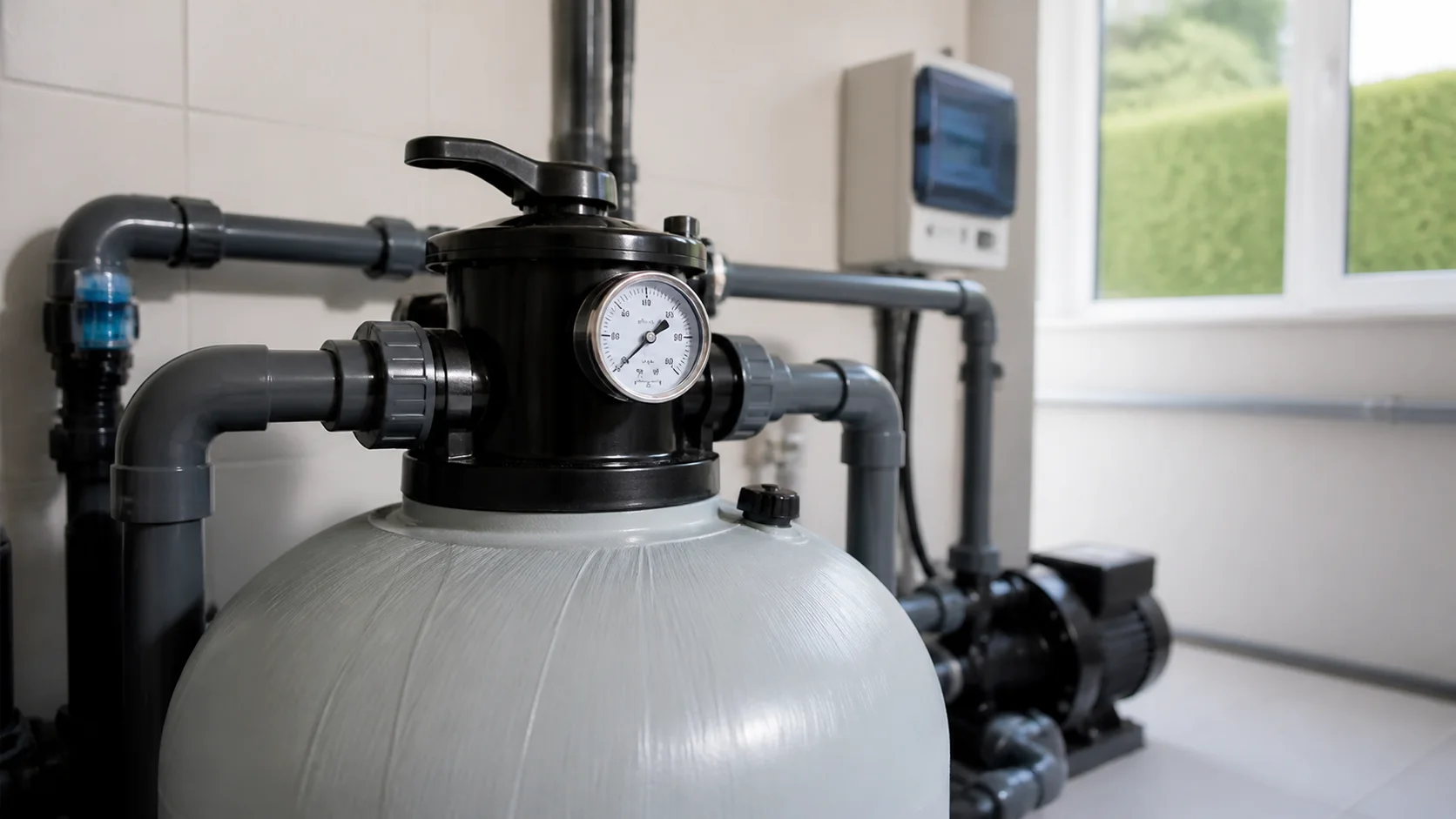 Sichtbares Manometer einer Poolfilteranlage, ohne Hand an Ventil, Kessel oder Steuerung