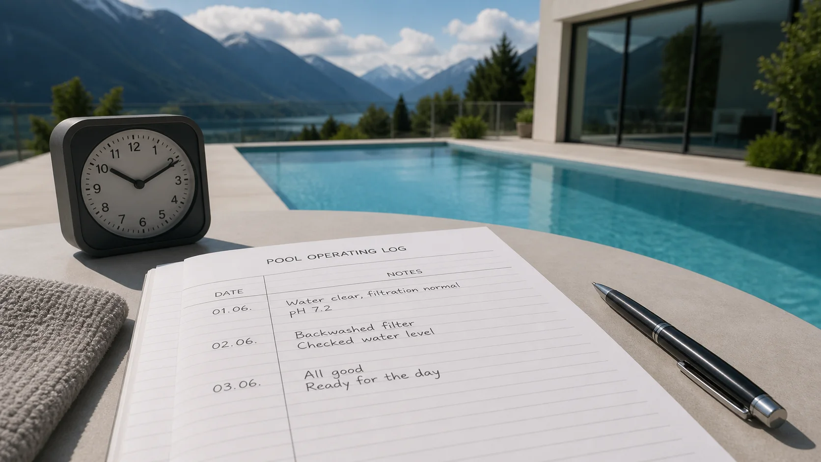 Notizbuch mit drei datierten Poolbeobachtungen, Foto vom Becken und Uhrzeit eines regulären Filterzyklus